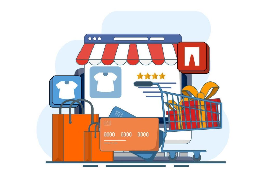online shopping concept online ordering e commerce website digital or virtual market buying clothes from online clothing store e commerce concept digital payment and online store vector